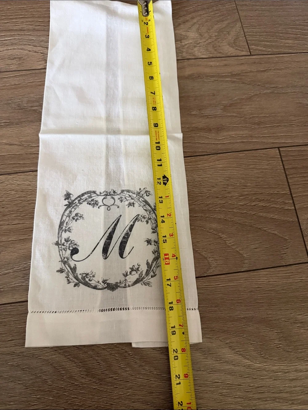 Monogram 'M' White Cotton Kitchen Towel with Gray Print